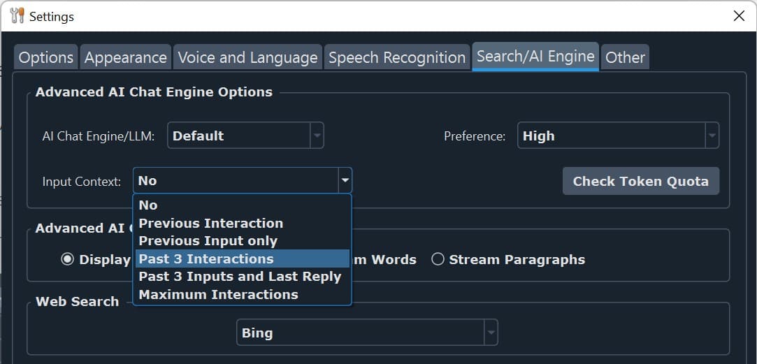 advanced AI context awareness options Braina